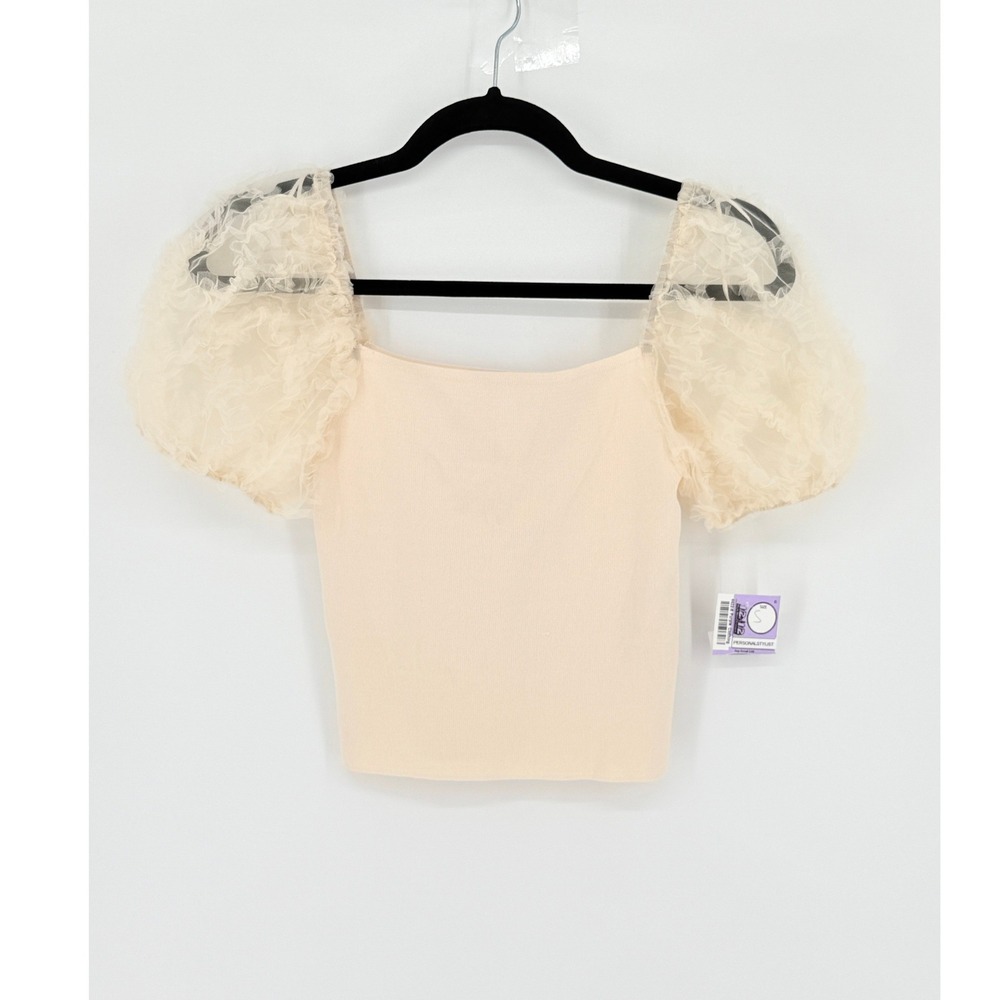 Lush Romantic Tulle Crop Top Ribbed Knit Square Neck Ethereal Puff Sleeve Small